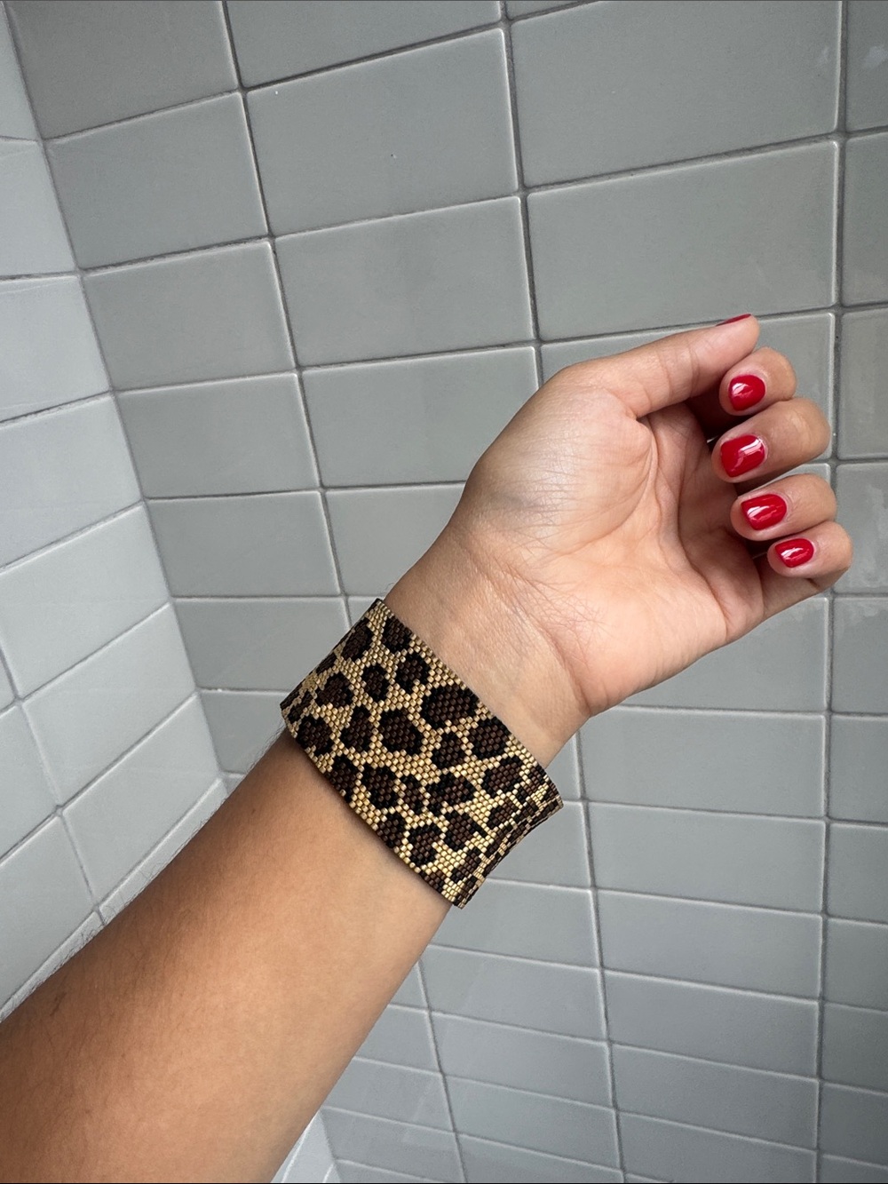 HANDMADE Leopard Print Beaded Cuff Bracelet - Brown
